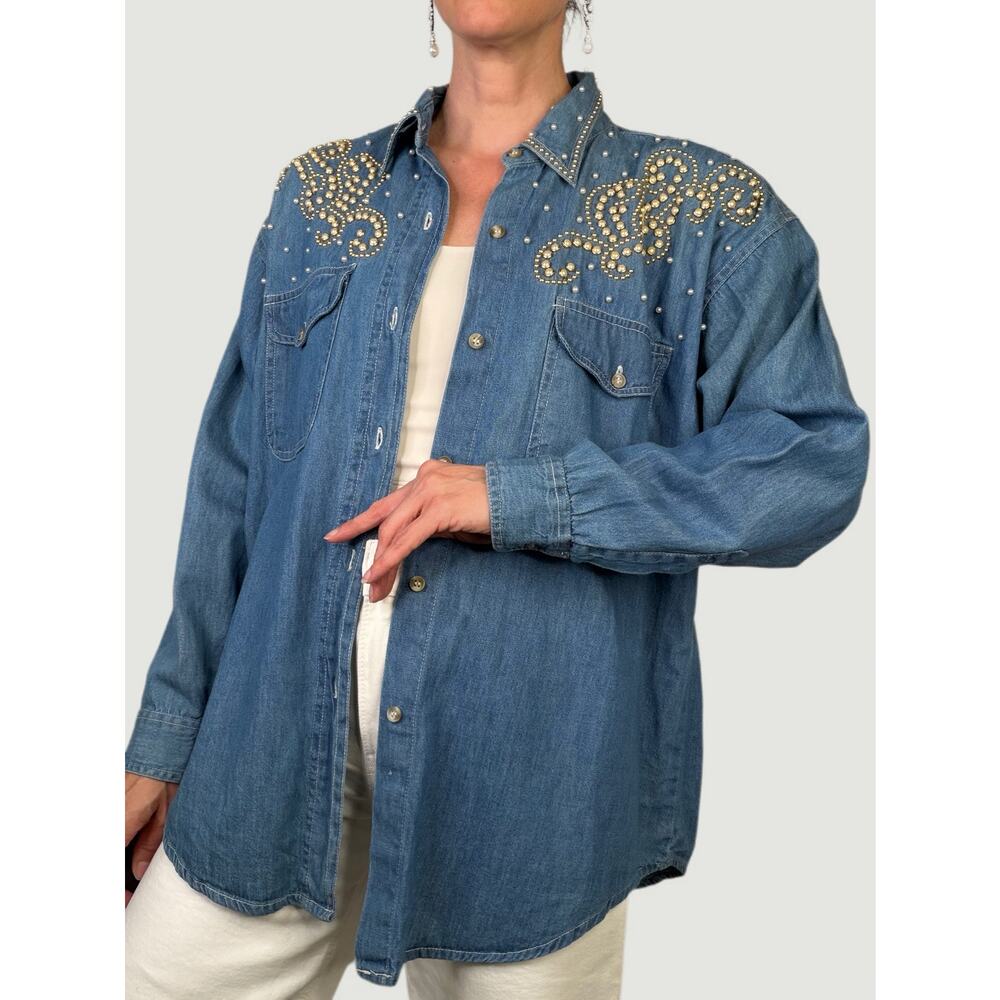 Vintage pearl studded denim button-down shirt blouse‎ Clodia Dee cache 80s 90s L